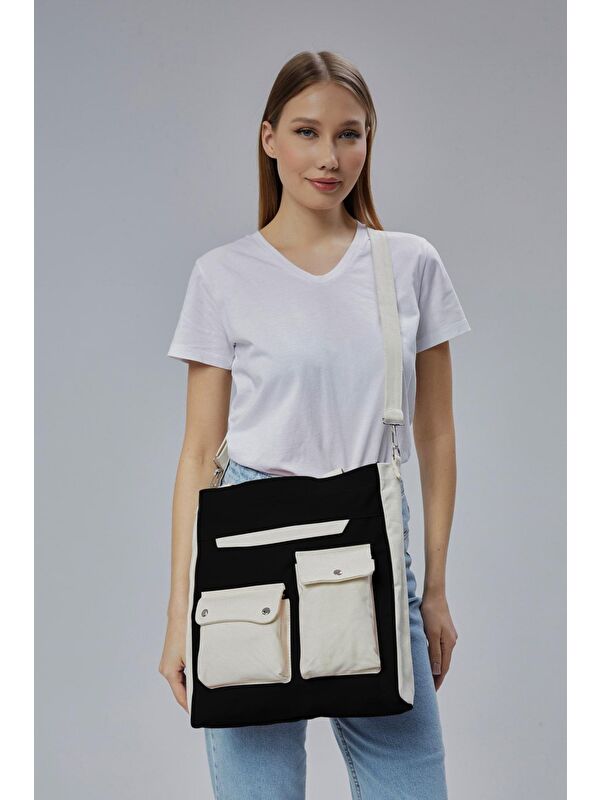 Bagg Kanvas Ön Cepleri Çıtlı Çanta (Siyah - Ekru)