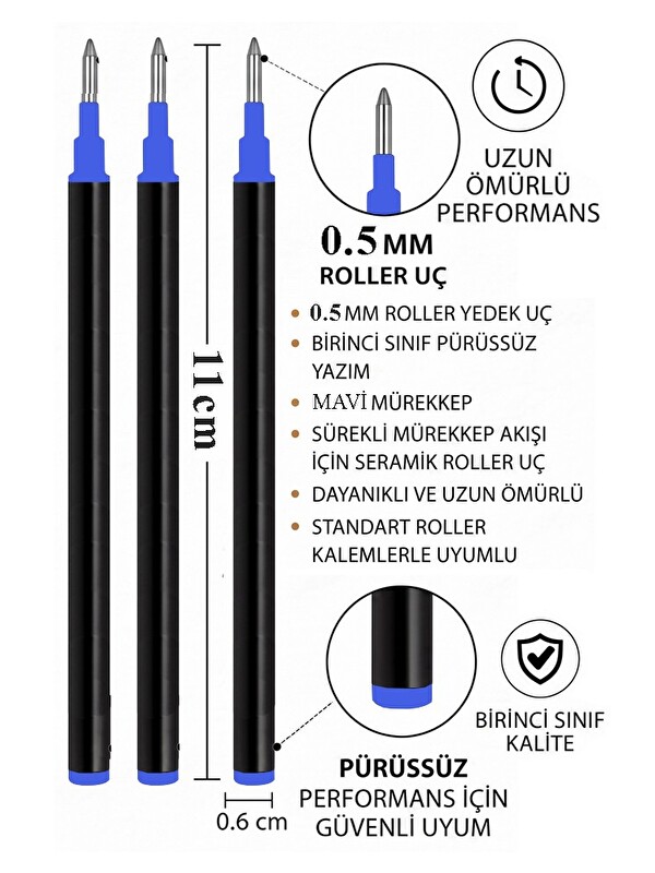Artlantis Pilot Kalem Yedeği Seramik Refil Yedek 3 Adet Jel Pilot Roller Kalem Yedek Uç