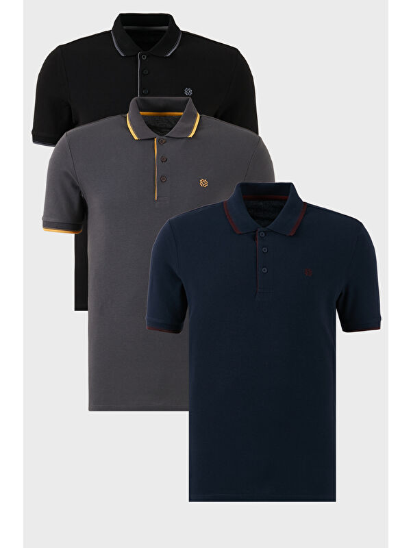 Buratti Pamuklu Slim Fit Şerit Detaylı Düğmeli Polo Yaka 3'lü Paket %100 Pamuk Tişört 5902118S3