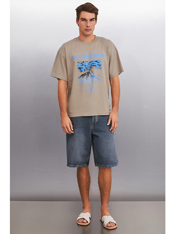 GRIMELANGE MADDOX Erkek %100 Organik Pamuklu Baskı Detaylı Kalın Dokulu Oversize Fit VİZON T-Shirt