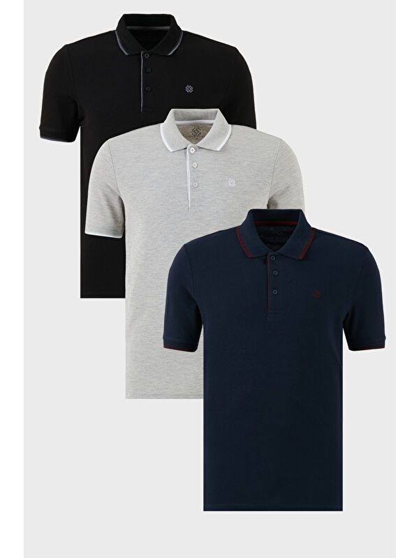 Buratti Pamuklu Slim Fit Şerit Detaylı Düğmeli Polo Yaka 3'lü Paket %100 Pamuk Tişört 5902118S3