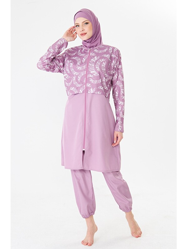 Fantasy Tam Kapalı Paraşüt Kumaş Desenli Tesettür Mayo Pembe-3505