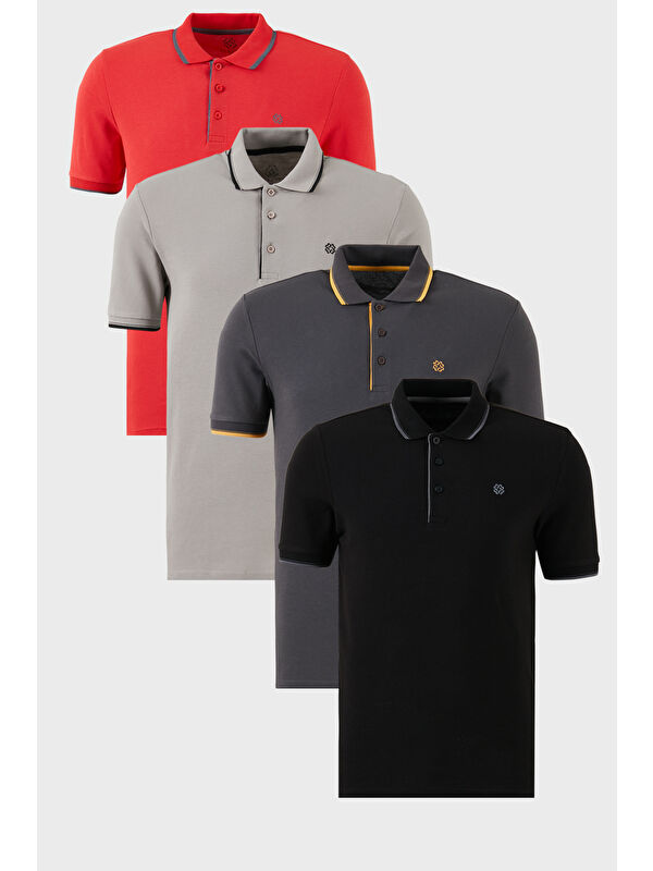 Buratti Pamuklu Slim Fit Şerit Detaylı Düğmeli Polo Yaka 4'lü Paket %100 Pamuk Tişört 5902118S4