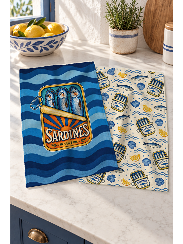 Milbay Grup Blue Sardine Tide Mavi Sardalya ve Dalga Desenli Deniz Temalı Modern 2'li Mutfak Havlusu Seti 35x55
