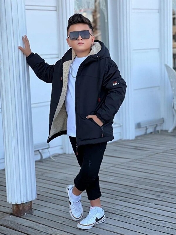 Pina Kids Erkek Çocuk Kürklü Çıkarılabilir Kapüşonlu Oversize Kışlık Mont KM4030