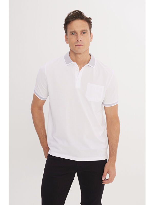AC&Co / Altınyıldız Classics Erkek Beyaz-Beyaz Pamuklu Comfort Fit Rahat Kesim Polo Yaka Cepli Tişört