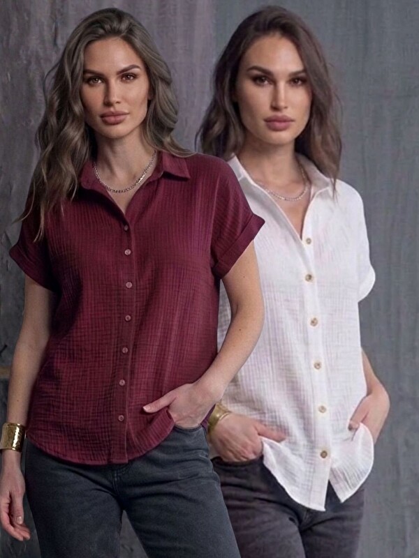 Trendseninle 2Li Müslin Yaka Patlı Tam Düğmeli Gömlek Bordo+Beyaz