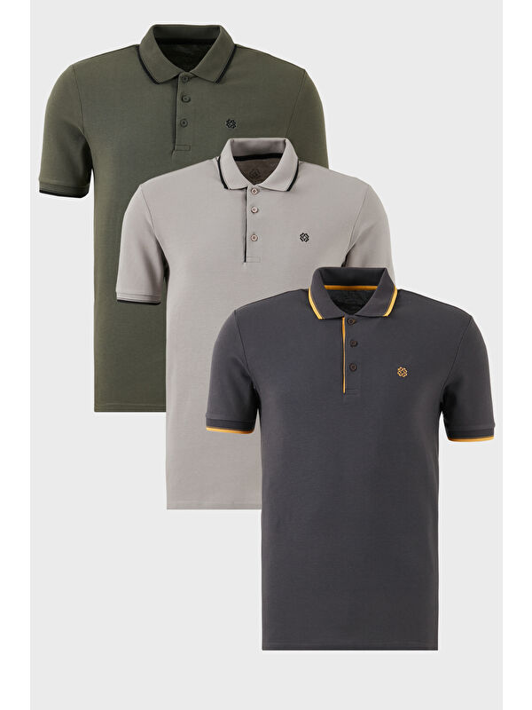 Buratti Pamuklu Slim Fit Şerit Detaylı Düğmeli Polo Yaka 3'lü Paket %100 Pamuk Tişört 5902118S3