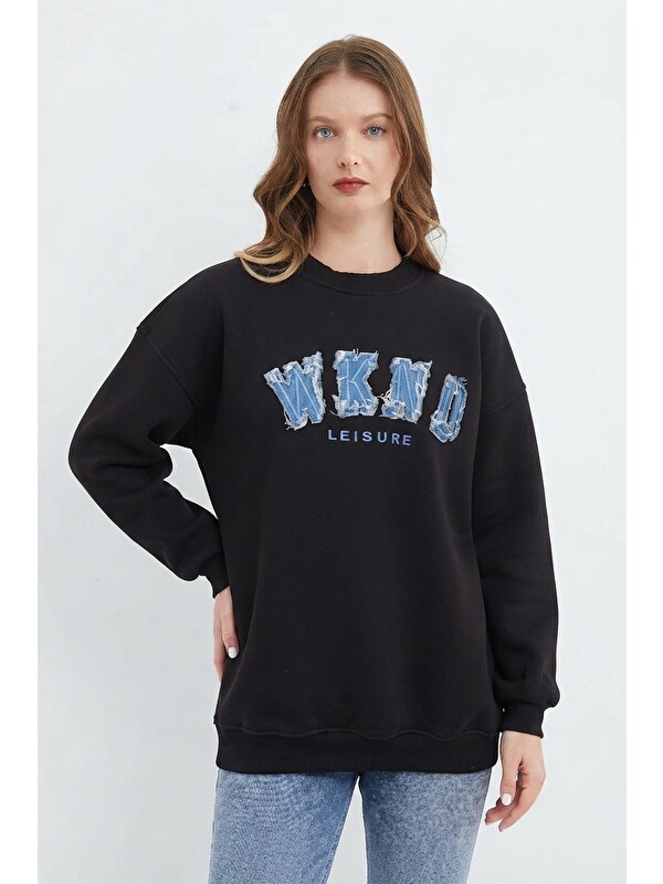 Fullamoda 3 İplik Jean Nakışlı Oversize Sweatshirt