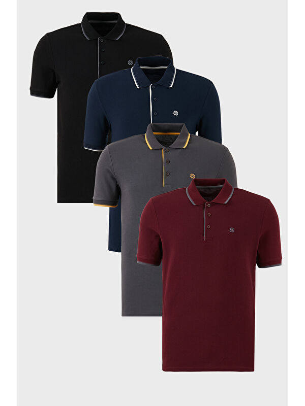 Buratti Pamuklu Slim Fit Şerit Detaylı Düğmeli Polo Yaka 4'lü Paket %100 Pamuk Tişört 5902118S4