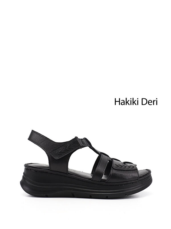 GÖNDERİ(R) Kadın SİYAH Cırt Bantlı Dolgu Topuk Hakiki Deri Sandalet