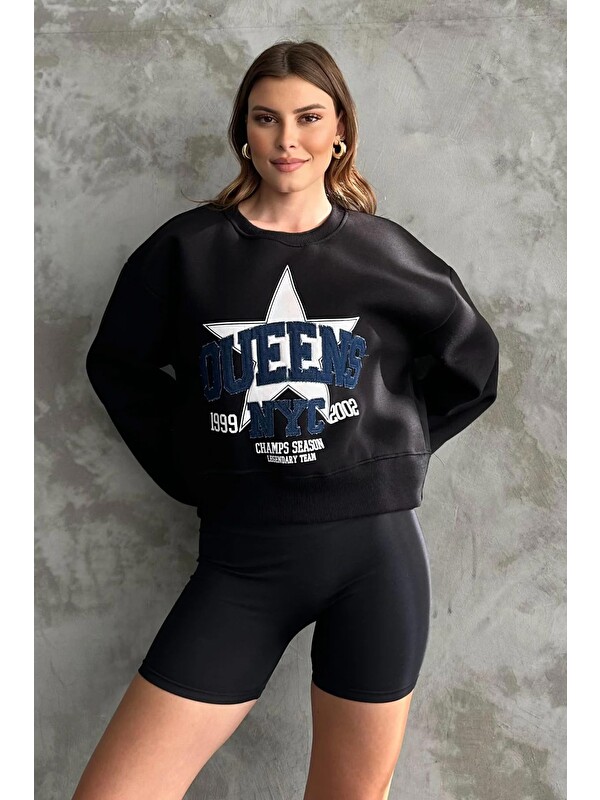 Fullamoda Yıldız Baskılı Bisiklet Yaka Oversize Sweatshirt
