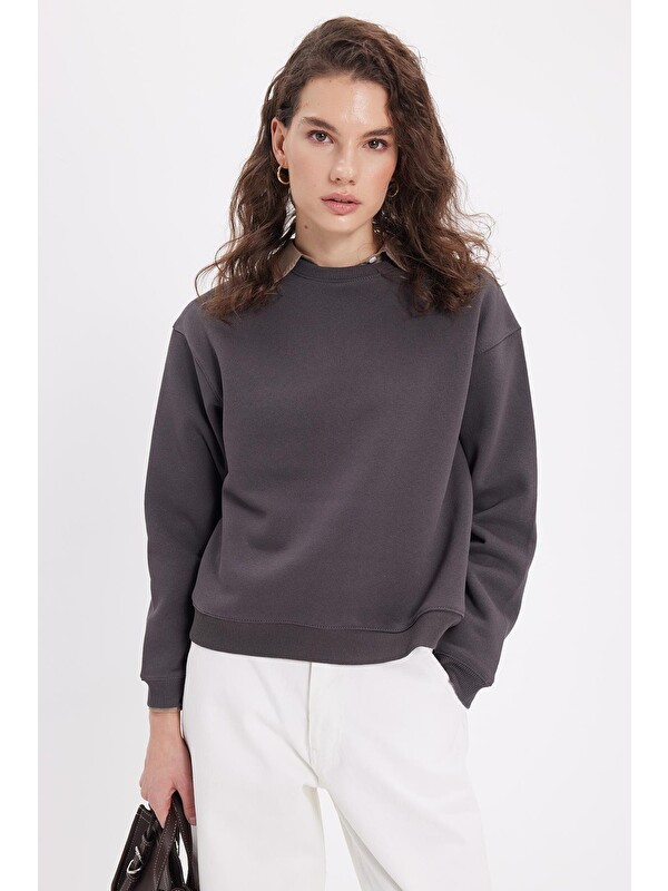 TUDORS Kadın Oversize Geniş Kesim Pamuklu Bisiklet Yaka Füme Sweatshirt