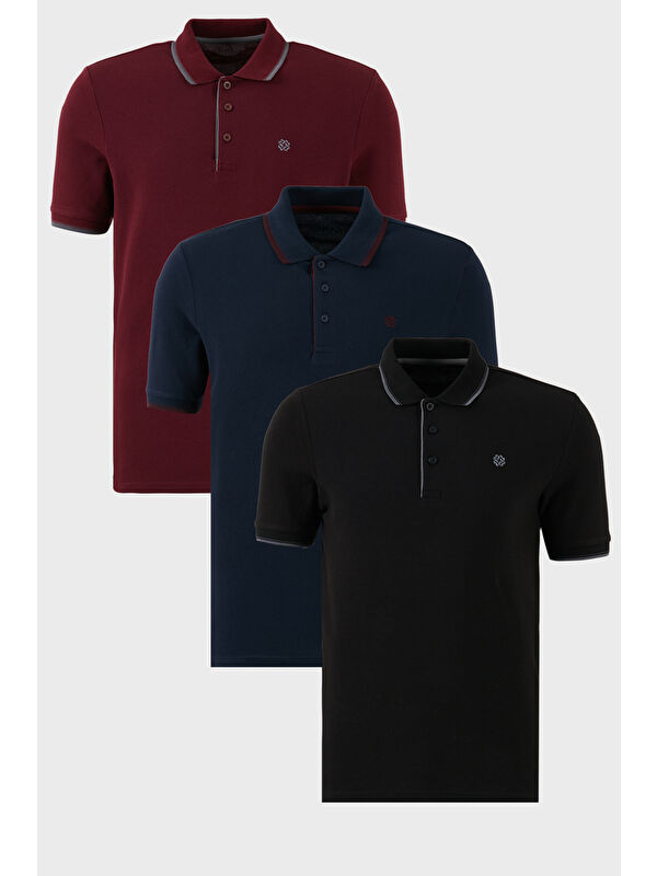 Buratti Pamuklu Slim Fit Şerit Detaylı Düğmeli Polo Yaka 3'lü Paket %100 Pamuk Tişört 5902118S3