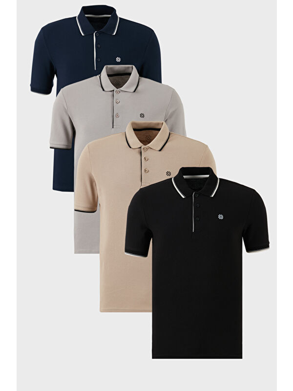 Buratti Pamuklu Slim Fit Şerit Detaylı Düğmeli Polo Yaka 4'lü Paket %100 Pamuk Tişört 5902118S4