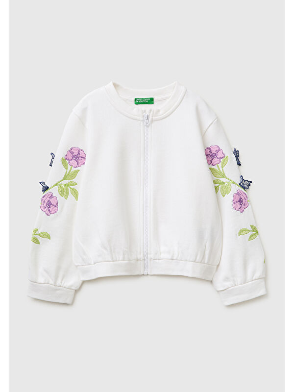 United Colors Of Benetton Kız Çocuk Beyaz Kolları İşleme Detaylı Fermuarlı Bisiklet Yaka Sweatshirt