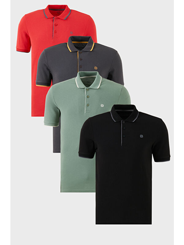 Buratti Pamuklu Slim Fit Şerit Detaylı Düğmeli Polo Yaka 4'lü Paket %100 Pamuk Tişört 5902118S4