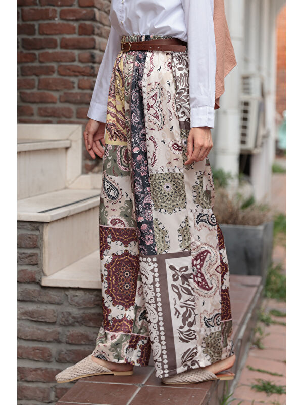 Locco Moda Kadın Baskılı Saten Pantolon Kahverengi