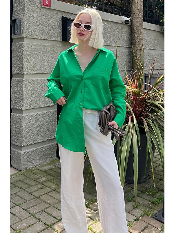 Madmext Yeşil Oversize Basic Cepli Poplin Gömlek Mg1530