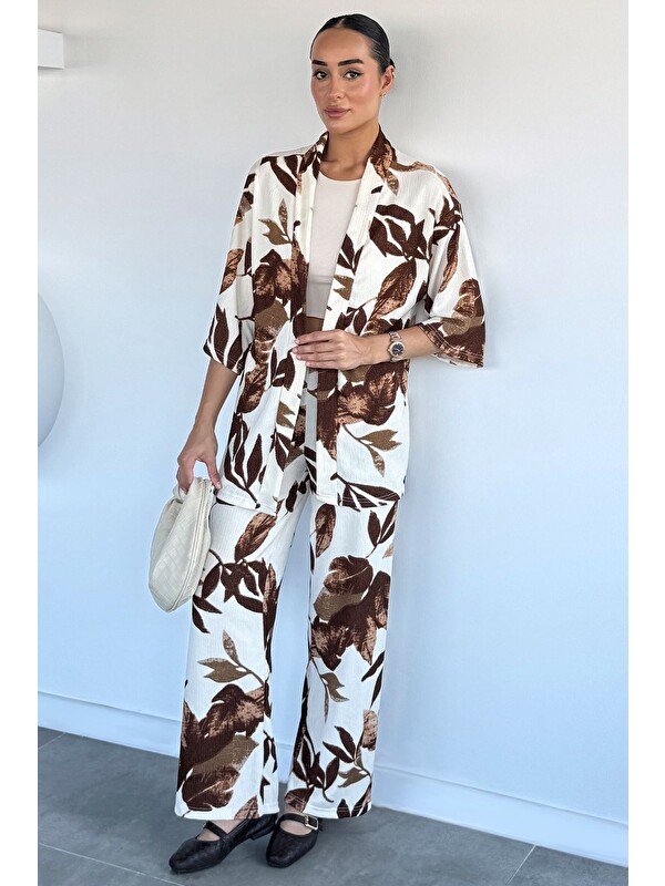 Gülseli Kadın Desenli Kimono Pantolon İkili Takım