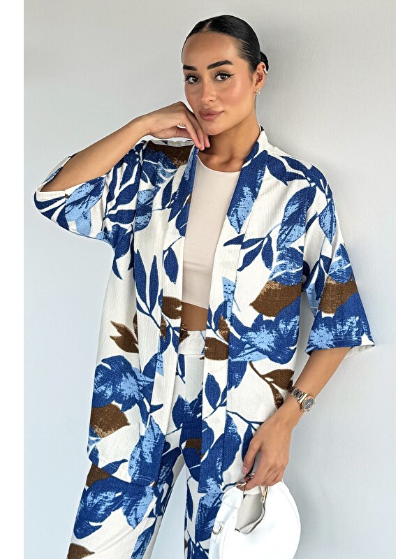 Gülseli Kadın Desenli Kimono Pantolon İkili Takım