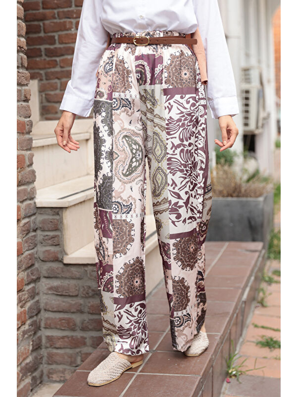 Locco Moda Kadın Baskılı Saten Pantolon Yeşil