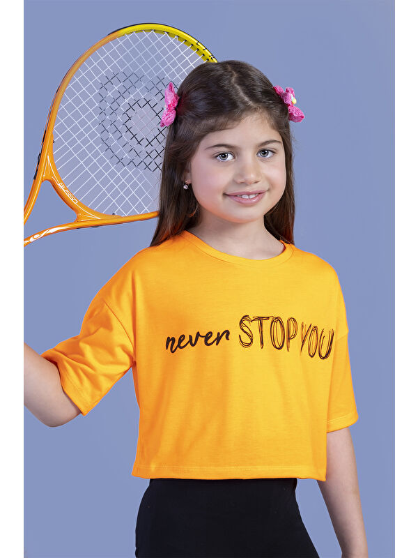 Toontoykids Kız Çocuk Baskılı Düşük Kol Crop Tişört