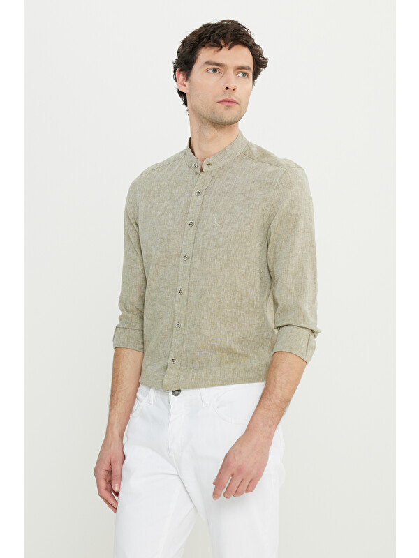Altınyıldız Classics Erkek Haki Slim Fit Dar Kesim Hakim Yaka Keten Gömlek