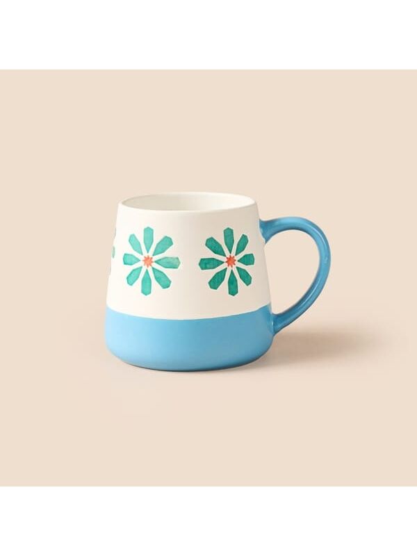 Evidea Kitchen Mavi Çiçekli Seramik Kupa - Beyaz - 500 ml