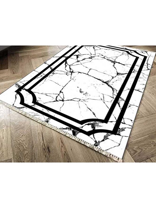 Çeyiz Diyarı Kaymaz Taban Dijital Baskı Kadife Halı Linear Stone Beyaz 180x280 cm