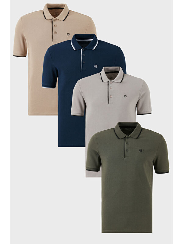Buratti Pamuklu Slim Fit Şerit Detaylı Düğmeli Polo Yaka 4'lü Paket %100 Pamuk Tişört 5902118S4
