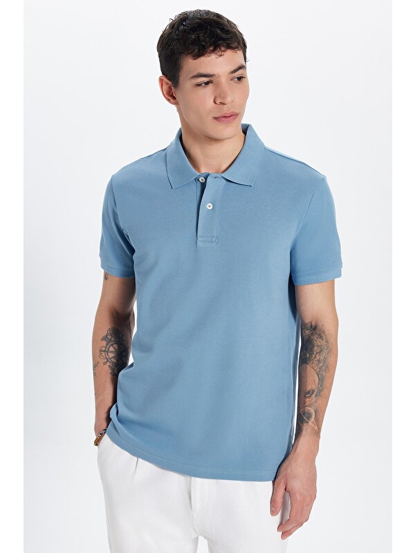 TUDORS Erkek Slim Fit Dar Kesim Premium Seri %100 Pamuk Yumuşak Dokulu Merserize Mavi Polo Yaka Tişört