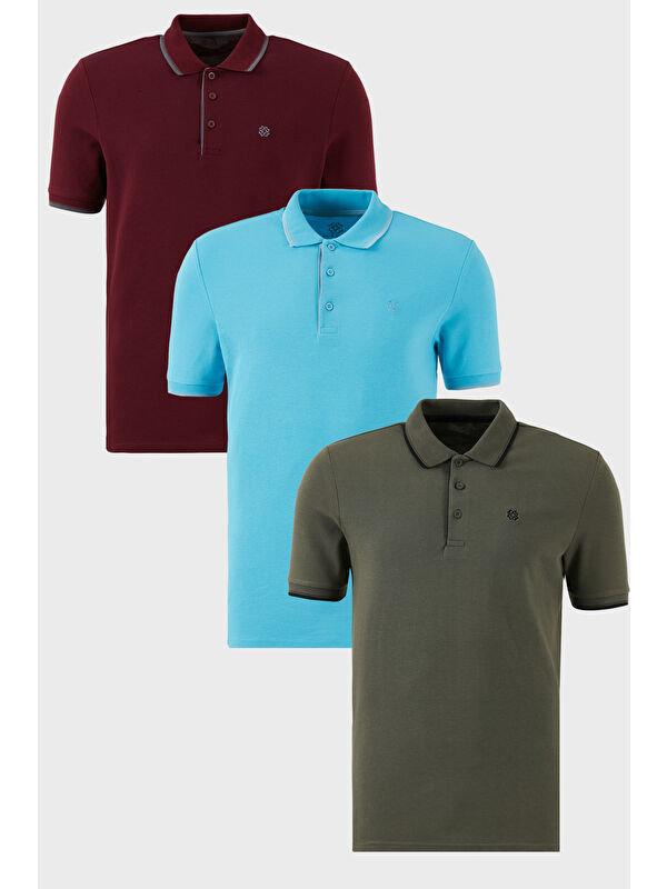 Buratti Pamuklu Slim Fit Şerit Detaylı Düğmeli Polo Yaka 3'lü Paket %100 Pamuk Tişört 5902118S3