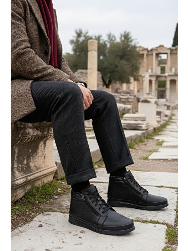 TİTAN Hakiki Deri İçi Kürklü Fermuarlı ve Bağcıklı Erkek Kışlık Bot - Görsel 5