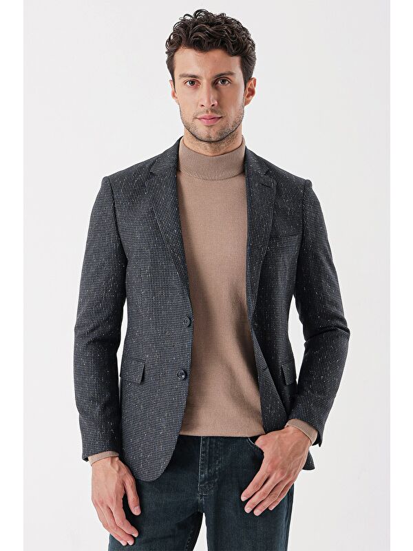 İMZA Koyu Antrasit Mono Yaka Astarlı Çift Yırtmaç 6 Drop Slim Fit Klasik Ceket 1002235132