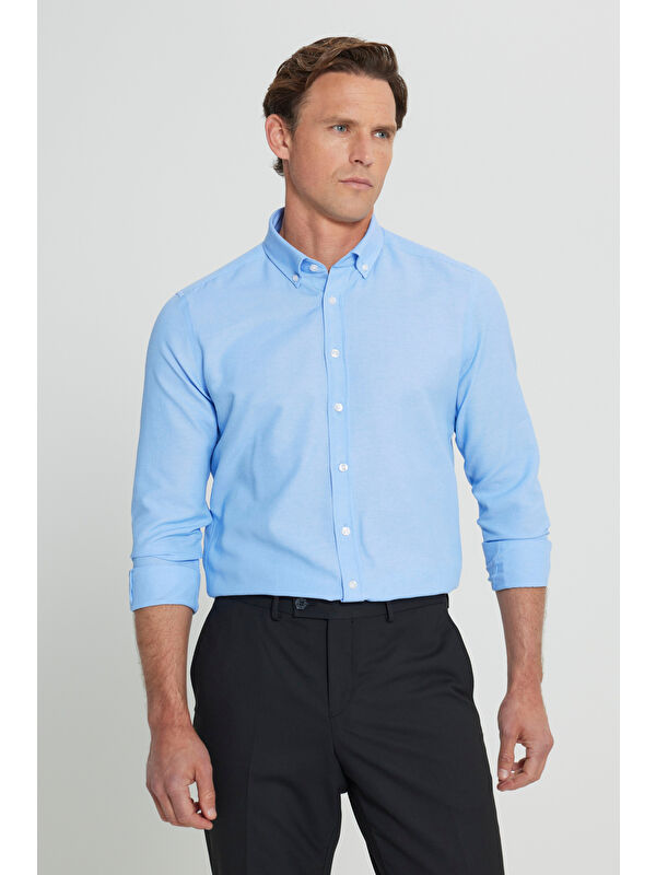 AC&Co / Altınyıldız Classics Erkek Mavi Tailored Slim Fit Dar Kesim Düğmeli Yaka Oxford Gömlek