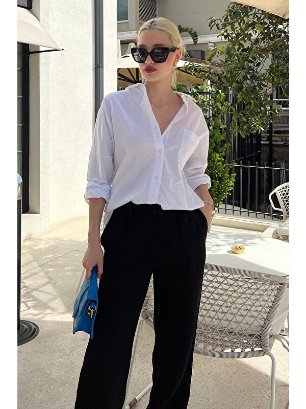 Madmext Beyaz Oversize Basic Cepli Poplin Gömlek Mg1530