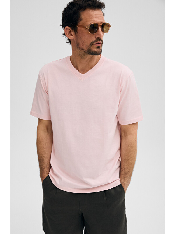 GRIMELANGE ALMERI Erkek %100 Pamuk Yumuşak Kumaşlı V Yakalı PEMBE T-Shirt
