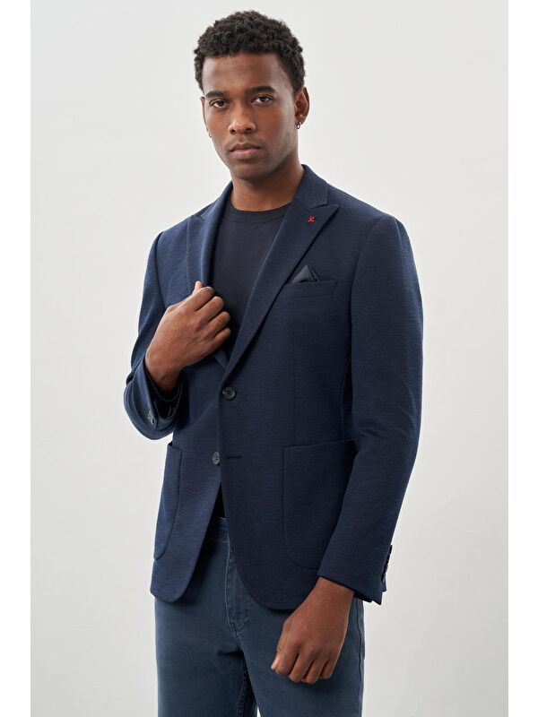 İMZA Koyu Lacivert Örme Kılıç Yaka 6 Drop Slim Fit Ceket 1002245155