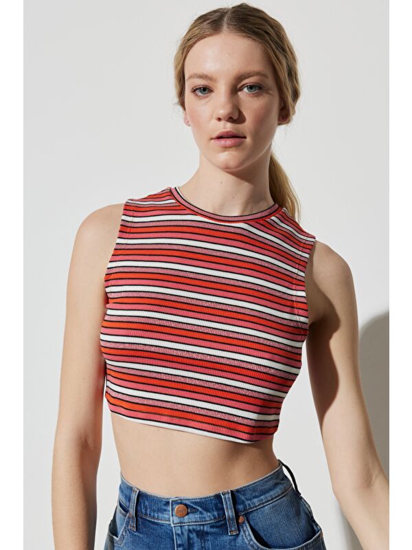 Wrangler Karışık Regular Fit Bisiklet Yaka Kolsuz Çizgili Crop Bluz