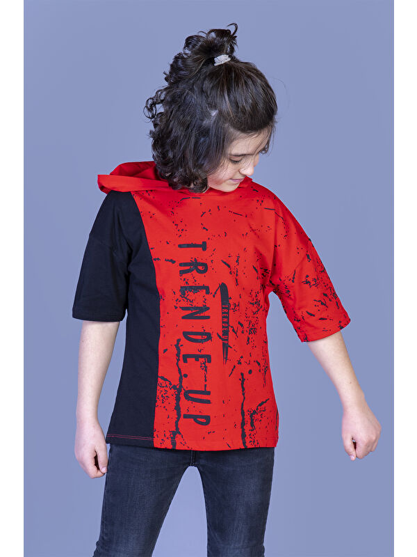 Toontoykids Erkek Çocuk Kapüşonlu Garni Detaylı Baskılı Tişört