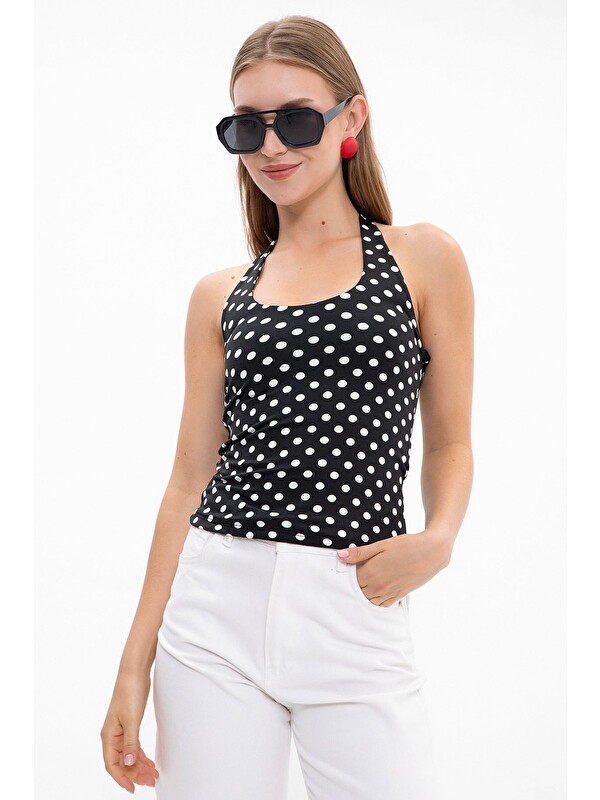 Fullamoda Boyundan Geçirmeli Puantiyeli Slim Fit Bluz