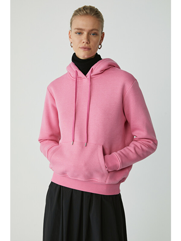 ETHIQUET DİANE Kadın İçi Polarlı Yumuşacık Comfort Fit Kapüşonlu PEMBE Sweatshirt