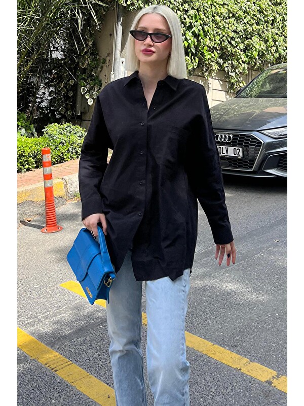 Madmext Siyah Oversize Basic Cepli Poplin Gömlek Mg1530