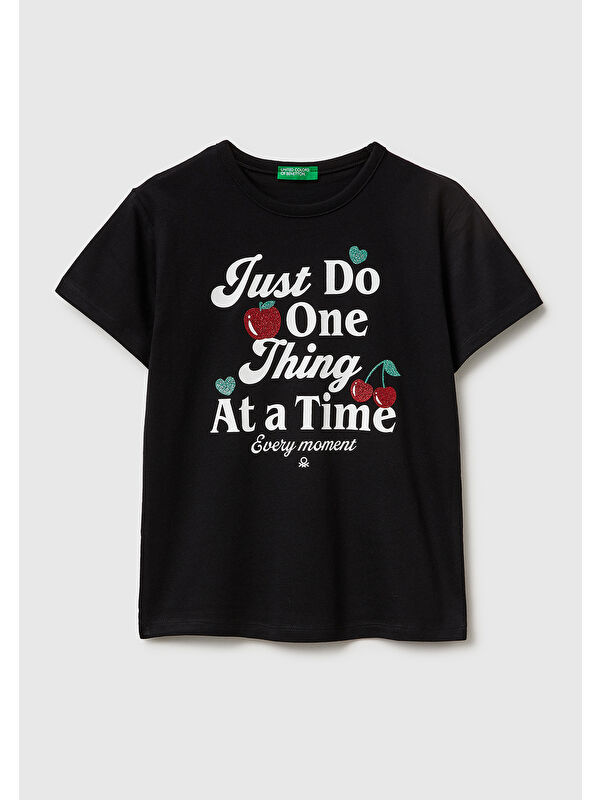 United Colors Of Benetton Kız Çocuk Siyah Simli Grafik Baskılı Yuvarlak Yaka T-Shirt