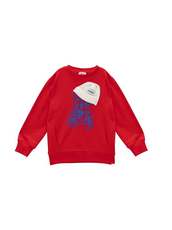 ZEYLAND Kız Çocuk Ayı Baskı Şapka Aksesuarlı Sweatshirt - Kırmızı