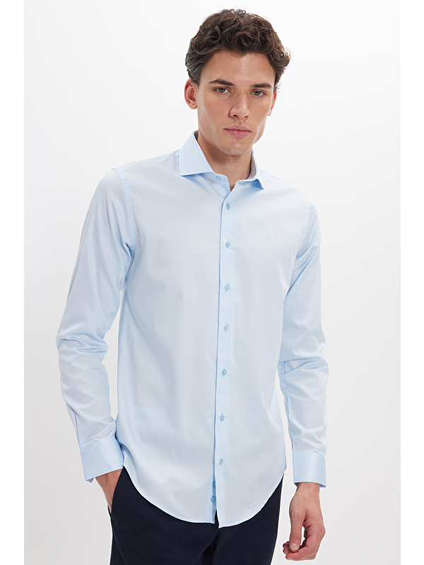 TUDORS Erkek Slim Fit Dar Kesim %100 Pamuk Pamuk Saten Premium Seri Mavi Gömlek