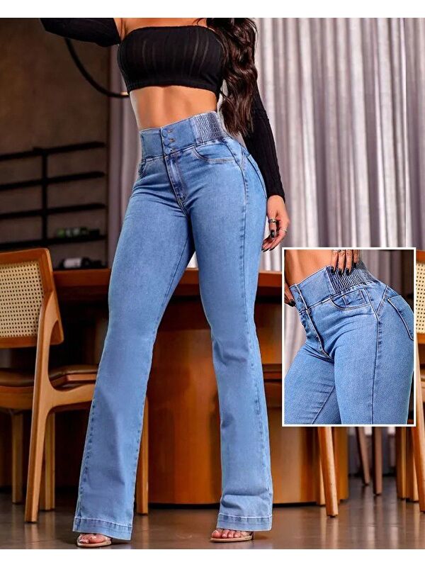 Jane's Kadın Yüksek Bel Yanları Lastik önü Düğmeli Jean Pantolon
