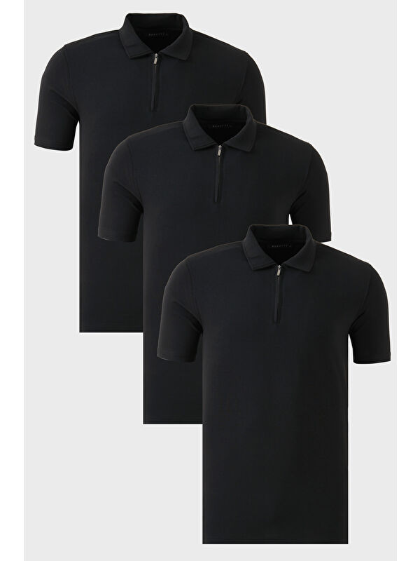 Buratti Streç Pamuklu Regular Fit Yarım Fermuarlı 3'lü Paket Polo Yaka Tişört 5902972S3