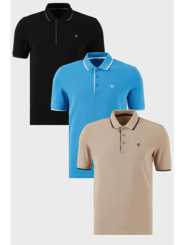 Buratti Pamuklu Slim Fit Şerit Detaylı Düğmeli Polo Yaka 3'lü Paket %100 Pamuk Tişört 5902118S3
